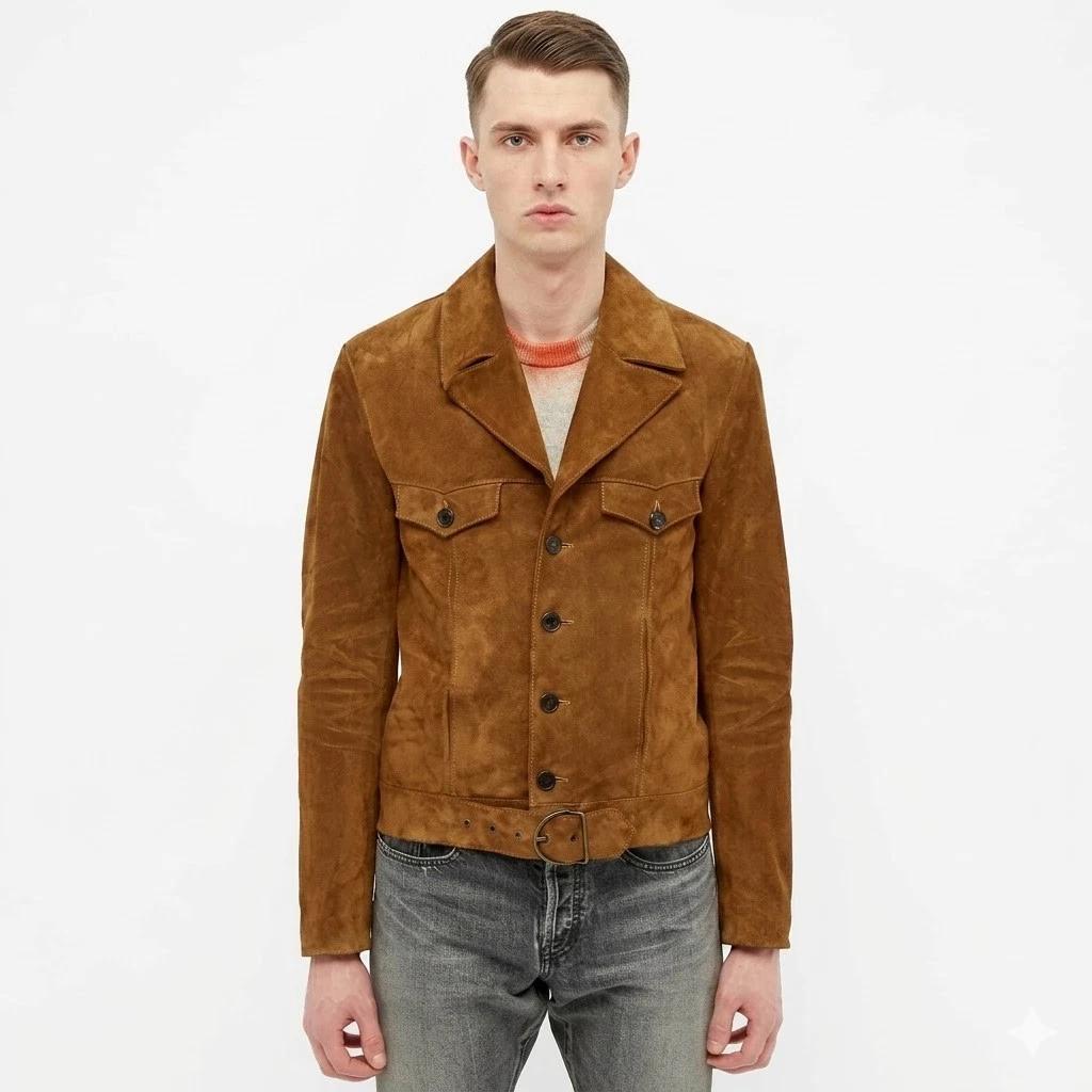 Tan Brown Suede Soft Lambskin Leather Fit Jacket Motorcycle Men’s Stylish Biker S дубильная кора/коричневый