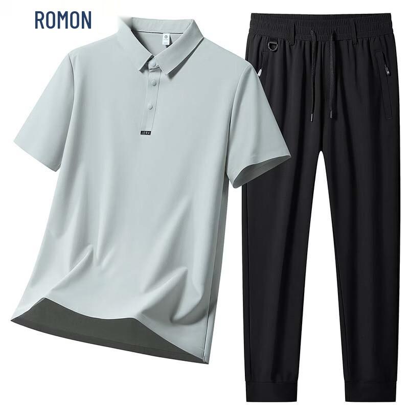 ROMON Men s Ice Silk Polo & Casual Two-Piece Set L