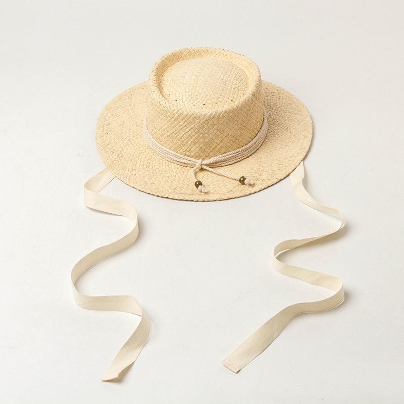Children's spring and summer new round top cotton rope decorative hand-woven wide-brimmed Lafite straw hat outdoor travel sunshade sunscreen hat