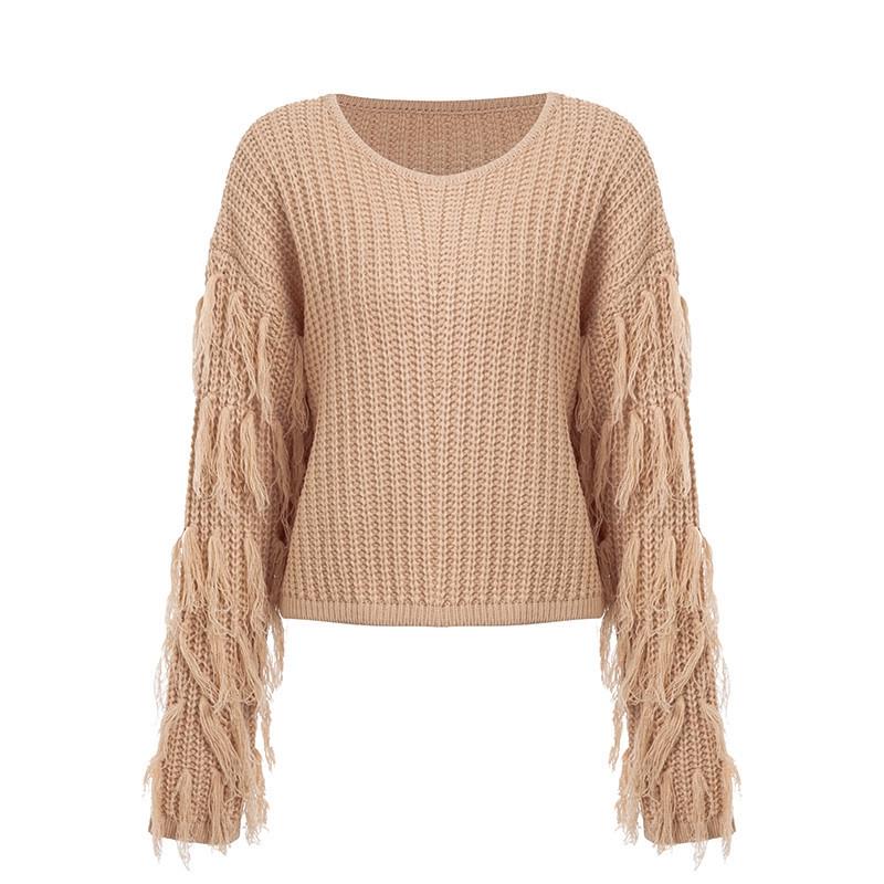 Autumn Tassel Decor Long Sleeve Loose Knit Sweater - European & American Fashion Style for Women