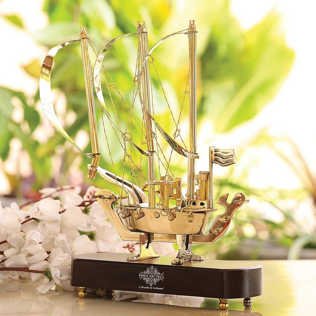 Brass Ship Showpiece with Wooden Base, Handmade Decorative Sailing Boat for Home Decor, Office Table, Gift Item, Art Figurine