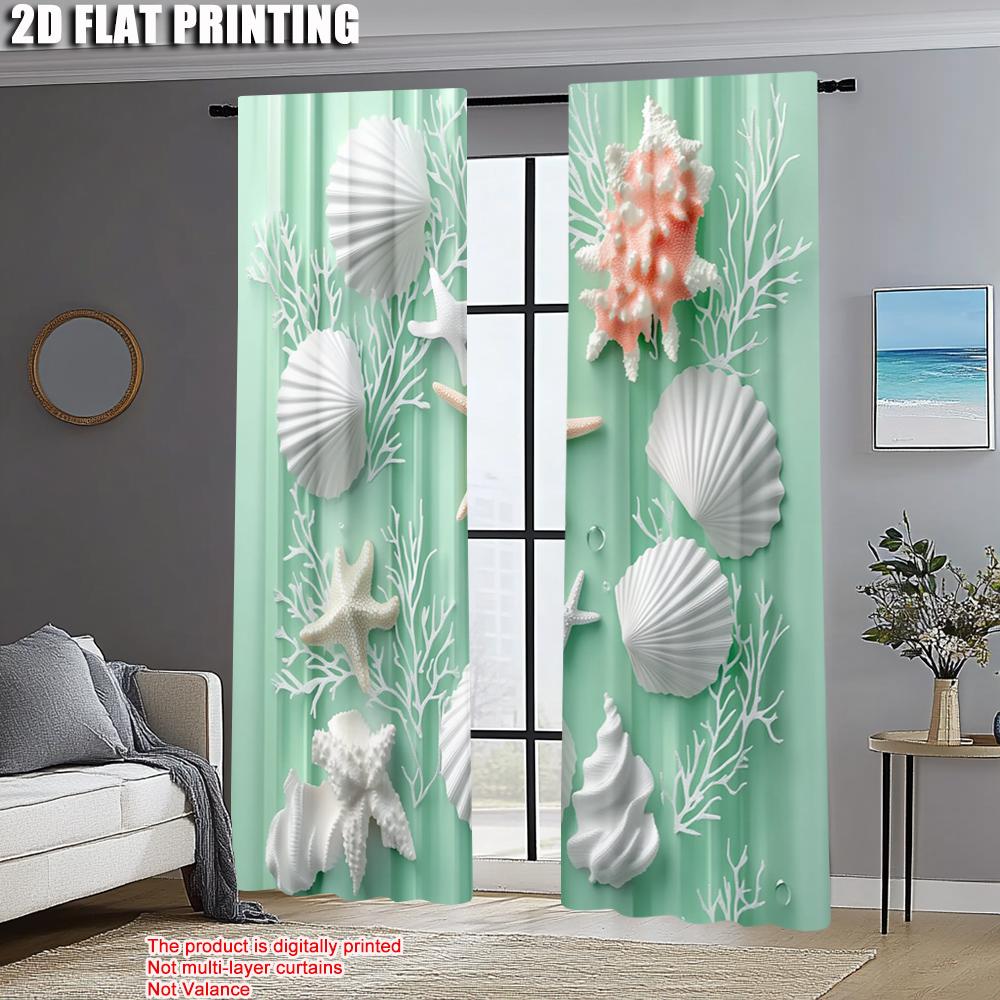 Set Of 2 Curtain Popular Print Beautiful Shell Versatile Fabric Without Rod Stuff Clearance Use Room Kitchen Study For Made Polyester