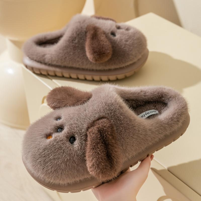 Soft Cute Dog Fleece Warm Cotton Slippers Women Autumn Winter Cartoon Versatile Anti Slip Thick Sole Plush Slippers