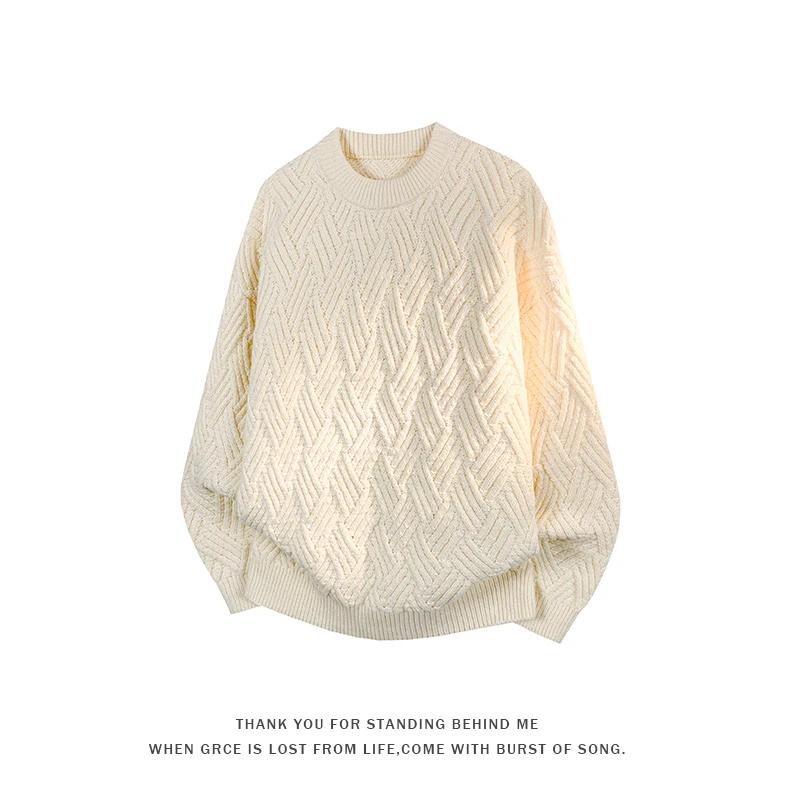 Pánské svetry s copánkovým vzorem s kulatým výstřihem na podzim a zimu 2025, pánský ležérní svetr jednobarevný, pánské pletené topy s kulatým výstřihem, pánské streetové pulovry