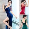 ISLAYCAOLILA DU7 Cabaret Mini Club Party Tight Long Dress with Sheer Maxi Short Evening Dress Women's Dress, Dress, Dress, Dress, Slit, Dress,