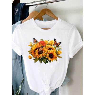 (Europäische Größe) T-Shirt Schmetterling Blume Trend Damen Kurzarm Mode Druck Damen T-Shirt Oberteil Kleidung Lässig Weiblich Grafik T-Shirts