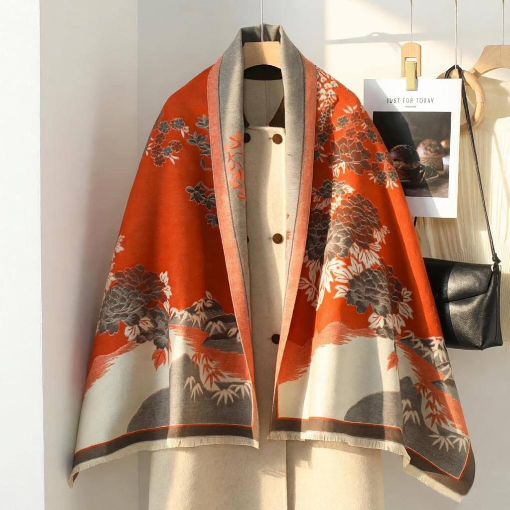 Double-Sided Women's Winter Ink Painting Snood: Imitation Cashmere Scarf for Air-Conditioned Rooms.