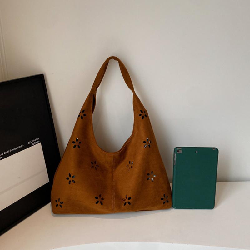 Yogodlns Faux Suede Women's Hollow Flower Shoulder Bags Matte Leather Female Underarm Bag Vintage Large Capacity Female Tote Handbags