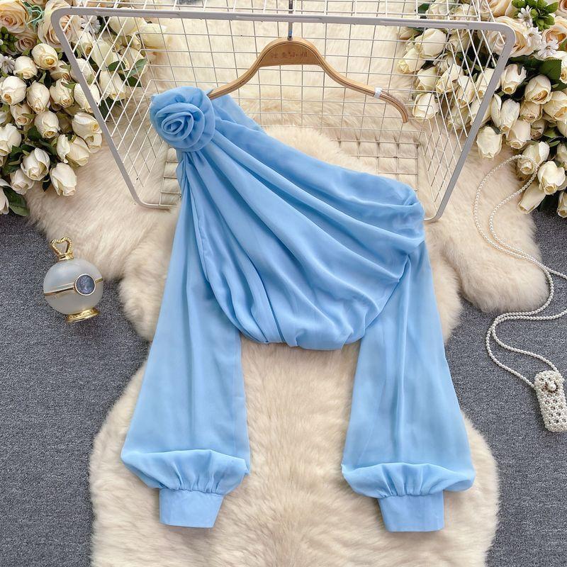 Shirt for Women 2024 New Design Sense Three-Dimensional Flower Diagonal Collar off-the-Shoulder Puff Sleeves French Tops Women's Spring Fashion