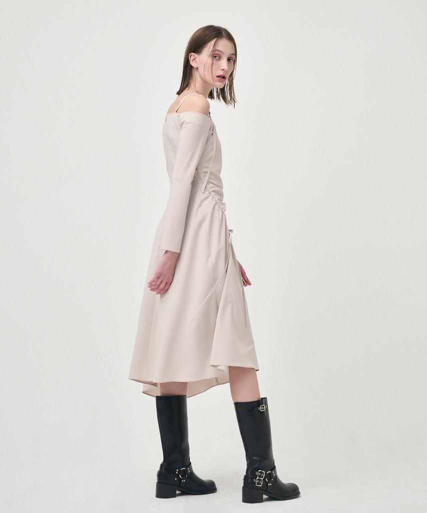 Etmont One Off Shoulder Shirring Dress, Beige