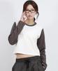 Deumakeu Color-Block Semi-Crop Long Sleeve Tee - White&Charcoal