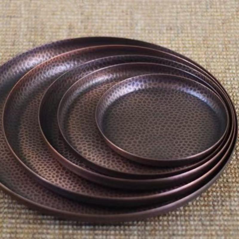 Round Shape Copper Fruit Tray,Retro Engraving Hammer Texture Household Portable Food Plate,Snack Plate Table Wedding Decoration