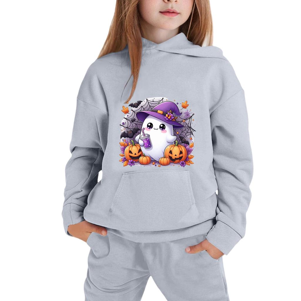 Kids Halloween Hoodie Pullover Sweatshirt with Ghost Pumpkin Print Long Sleeve Casual Top for Boys Girls