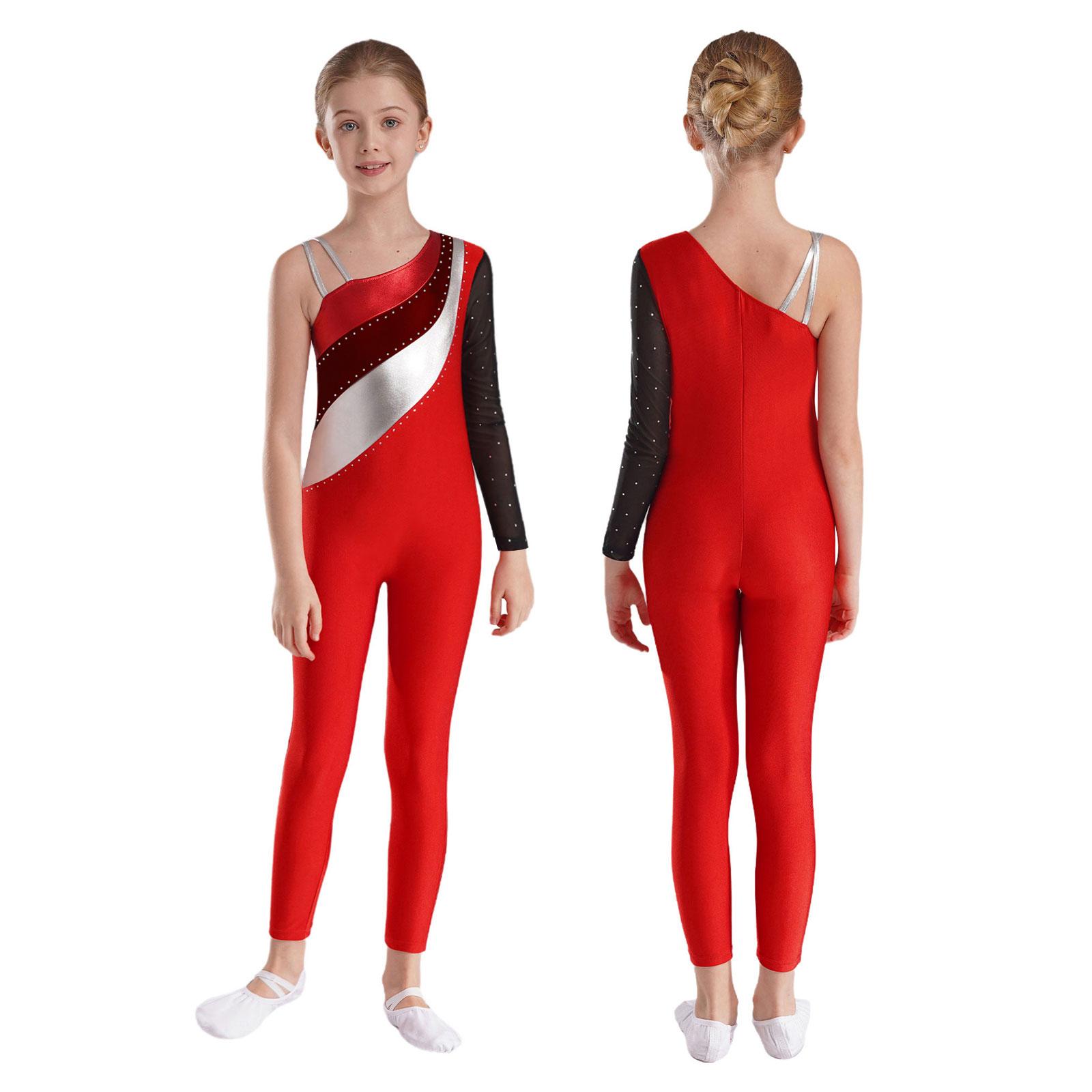 

Детский комбинезон контрастного цвета на одно плечо для девочек, прозрачное сетчатое боди для фигурного катания, балета, гимнастики, танцевальной одежды 9-10 Years красный