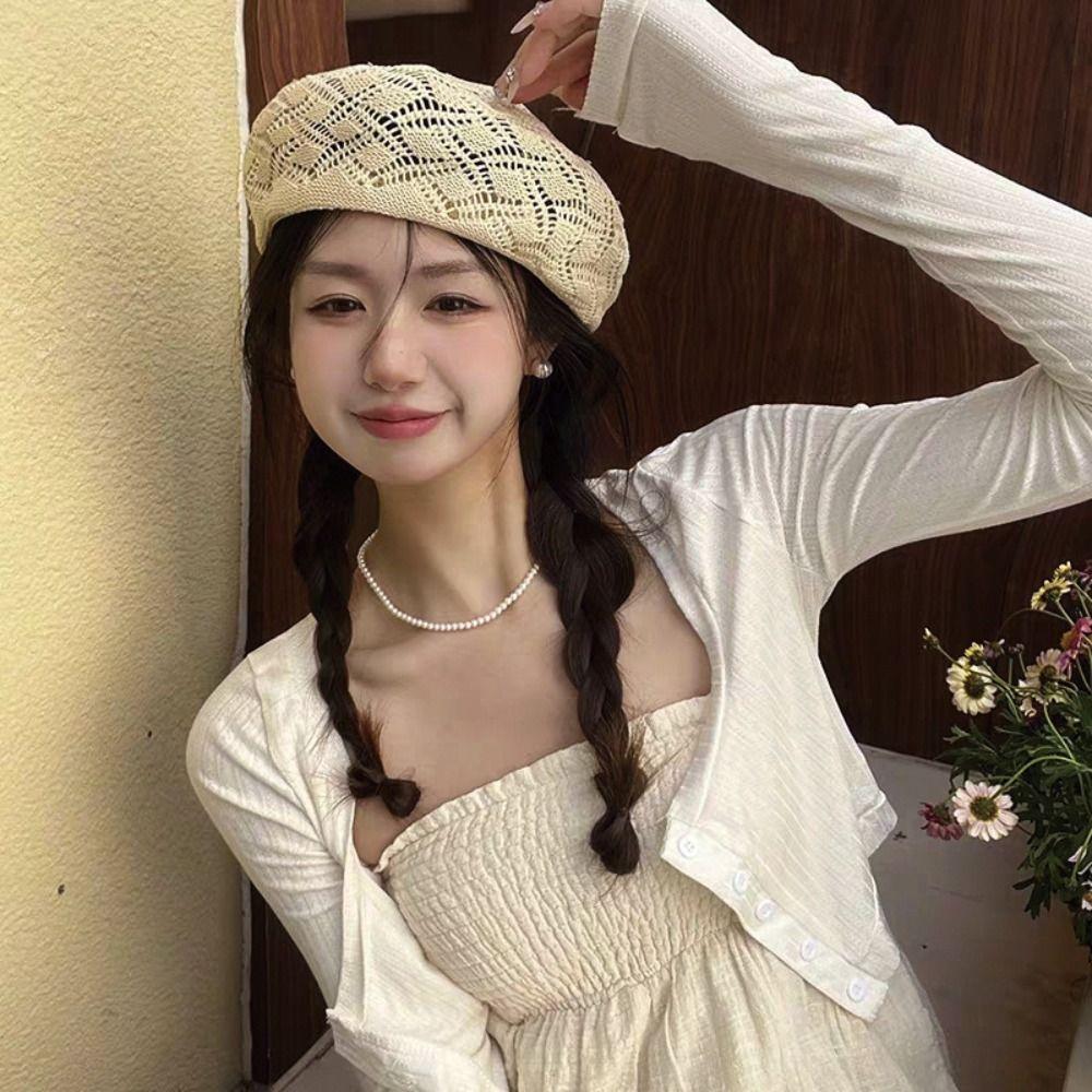 Fashion Solid Beret Cap Hollow Breathable Painter Hat Bonnets Outdoor