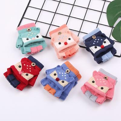 Autumn Winter Children Warm Half Finger Flip Gloves Cute Cartoon Knit Gloves for Boys Girls Kids Gloves Mittens 3-6years Old