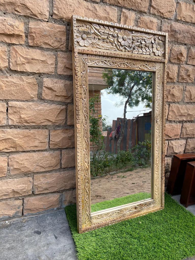 Wooden Carved Wall Mirror Decor-Bedroom Mirror Home Decor Wall-Carved Wooden Wall Mirror with Floral Design-Floral Frame Glass Mirror