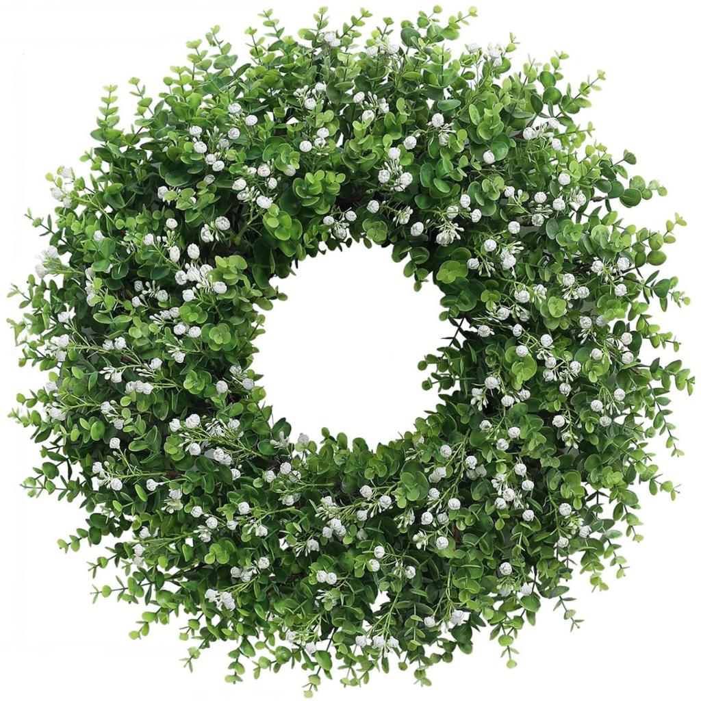 60cm Eucalyptus and Baby's Breath Artificial Greenery Wreath for Door Wall Decoration Home and Office Hanging Ornament
