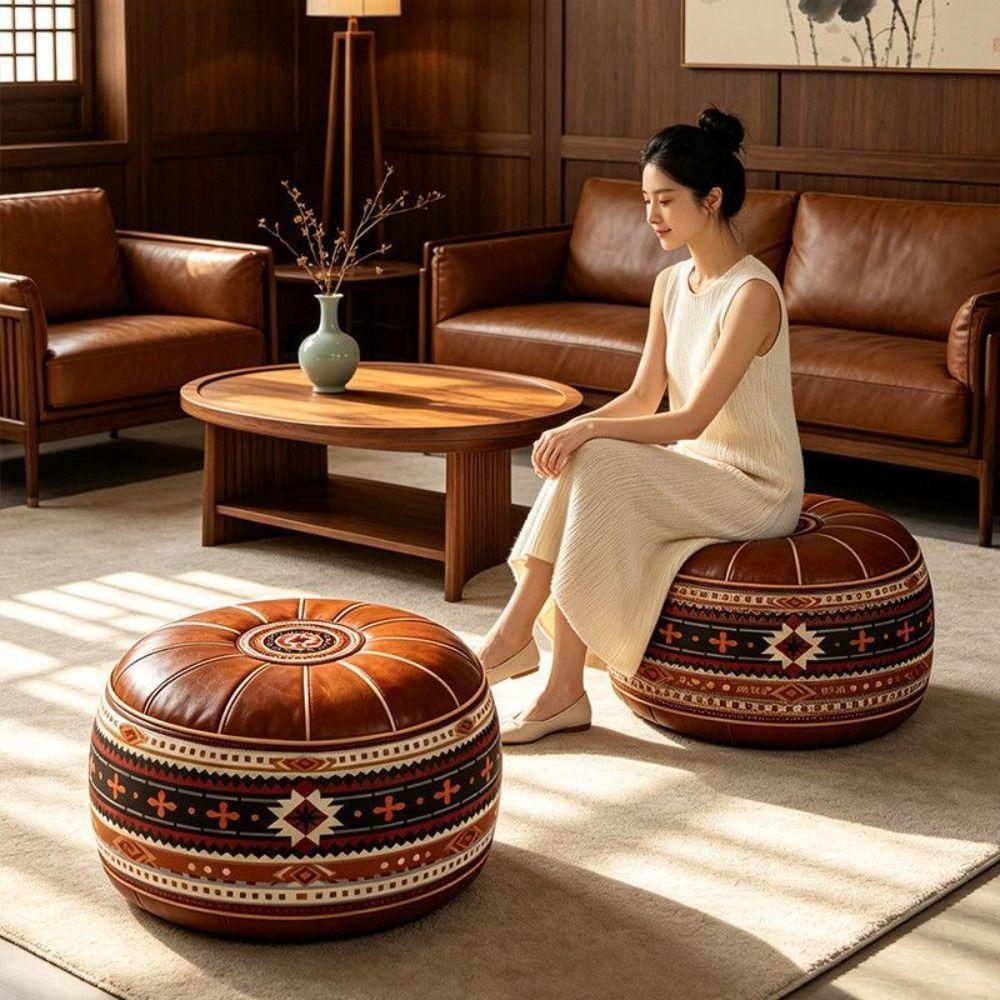 Round Shape Storage Ottoman PU Leather Round Pouf Cover New Floor Seat Cushion Home Use