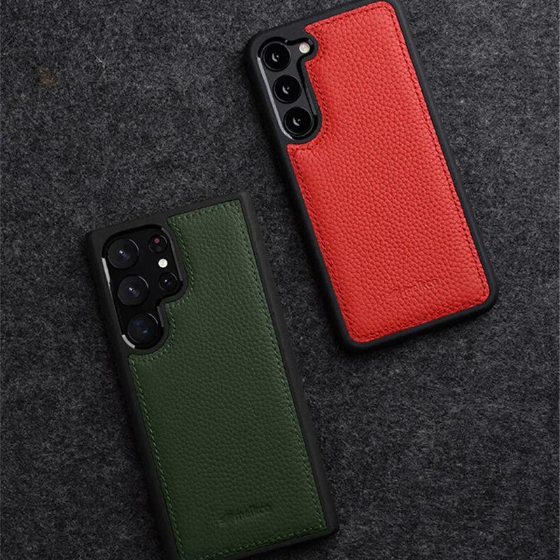 MELKCO Für Samsung Galaxy S23 Ultra Handyhülle Echtes Rindsleder Beschichtete Harte PC Slim Case