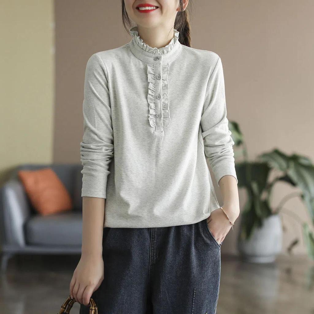 Damen Slim Fit Retro Rüschenhals Samt Langarm Basisschicht Top