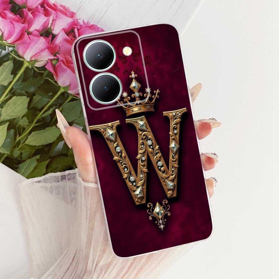 For Vivo V2322 Cover For Vivo Y27S Case Transparent Luxury Crown A-Z Letters 2D Flat Pattern Soft Phone Case For Y27S Vivo