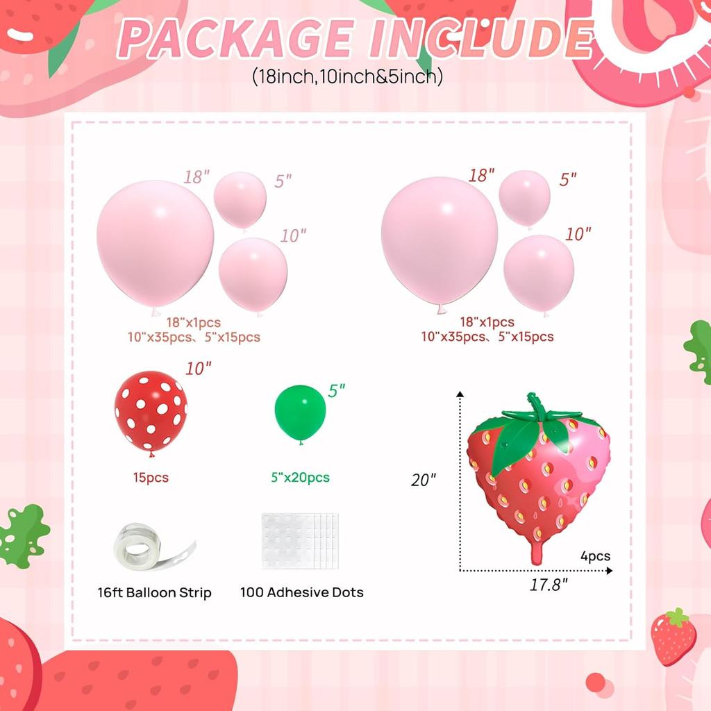 JOGAMS Strawberry Balloon Arch Kit, Strawberry Party Decorations with Red Polka Dot Strawberry Balloons for Strawberry/Berry First/Sweet One Themed