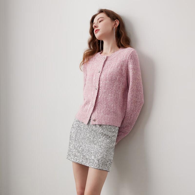 Sancai Women's 2025 Winter Sequin Knit Short Cardigan