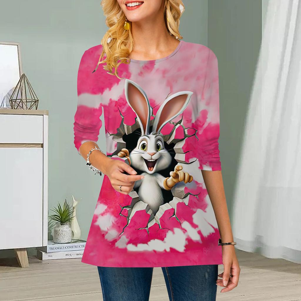 Plus Size Women Flower Broken Wall Rabbit Print Round Neck Casual Loose Long Sleeve Top
