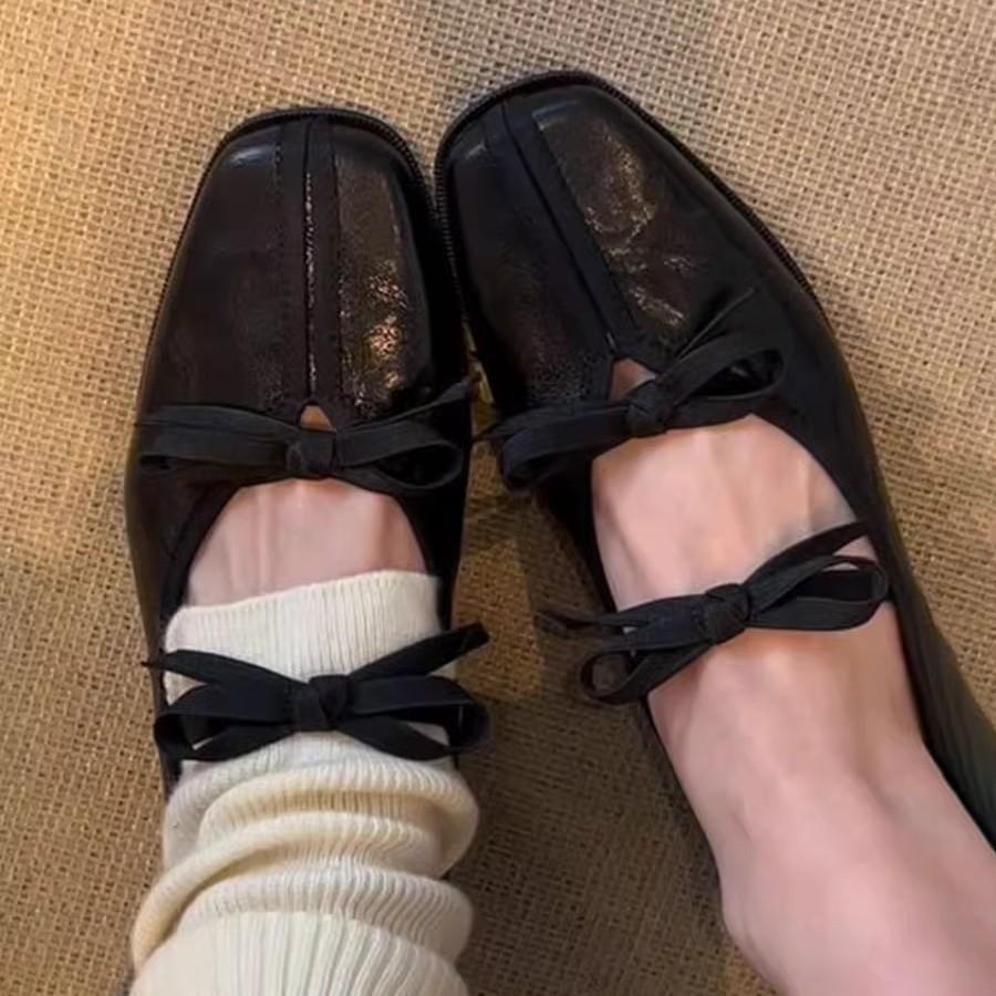 Soft leather version~ Square head retro bow Mary Jane shoes women's shallow mouth one pedal low heel French ballet style single shoes
