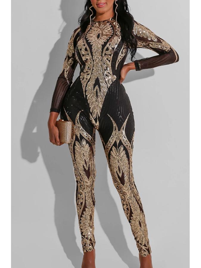 Paillettenbesetzter Langarm-Sheer-Damenjumpsuit