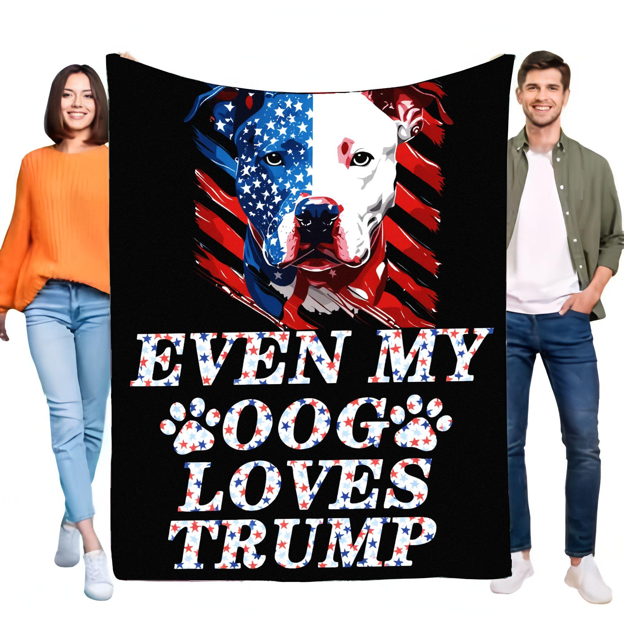 

Patriotic Black Blanket with Stylized Pit Bull Dog - EVEN MY DOG LOVES TRUMP Text & American Flag Colors - Bold Red, White, an 100x150cm