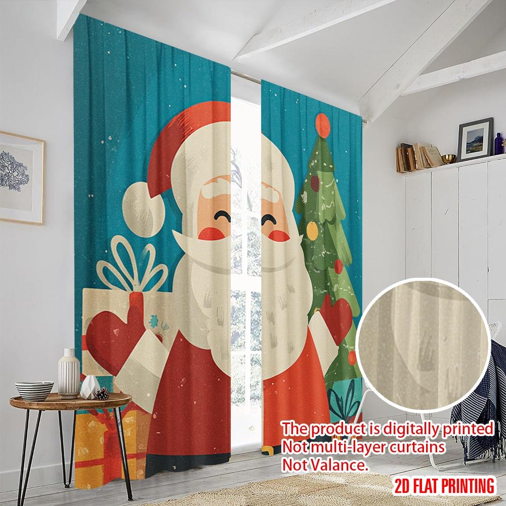 2pcs,2D Plane Printing Light Filtering Curtains Santa Claus and Tree Versatile Durable Polyester (without Rod) All Seasons Use