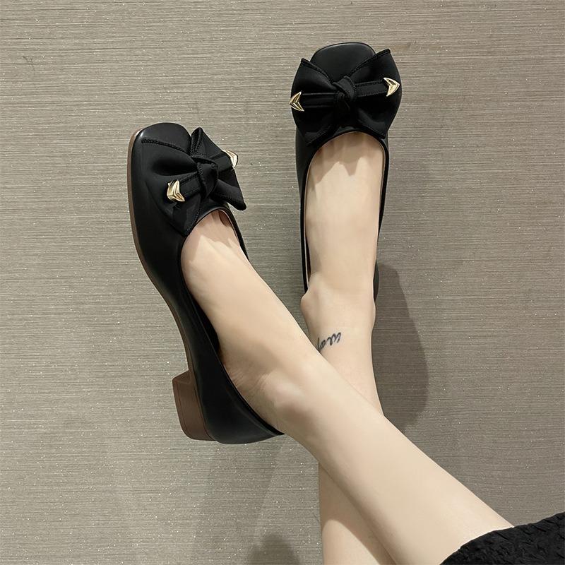 Bow One Pedal Single Shoes Women's Summer New Versatile Flat Bottom with Skirt Shallow Mouth Doudou Shoes Women