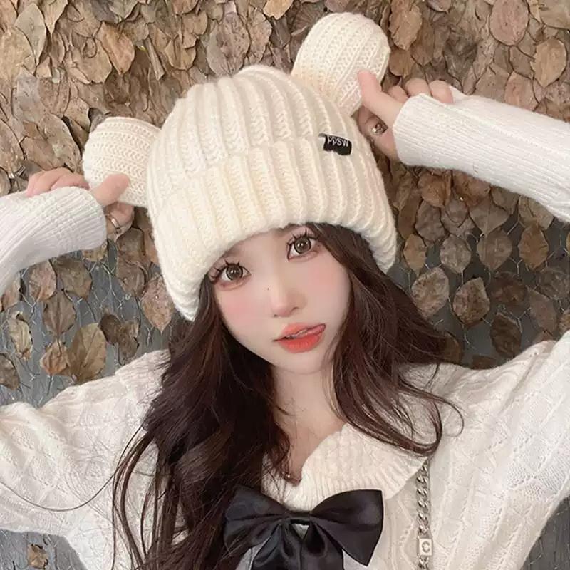 Cute Bear Knitted Wool Hat For Cycling Warm Cartoon Earmuffs Autumn And Winter