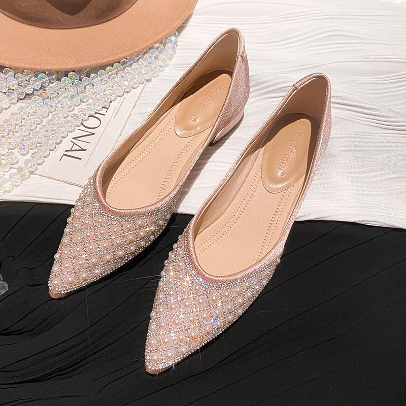 Pointed Single Shoes Women's Spring and Autumn 2025 New Thick Heel Shallow Mouth Rhinestone Pearl Fairy Wind Four Seasons Soft Sole Comforta