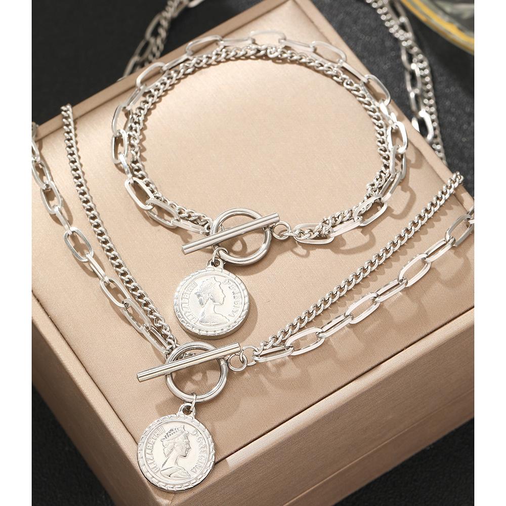 Stainless Steel Jewelry Set Hanging Coin Multi-Layer Chain Design Bracelet Necklace Ladies Jewelry Set For Women Jewelry Gifts