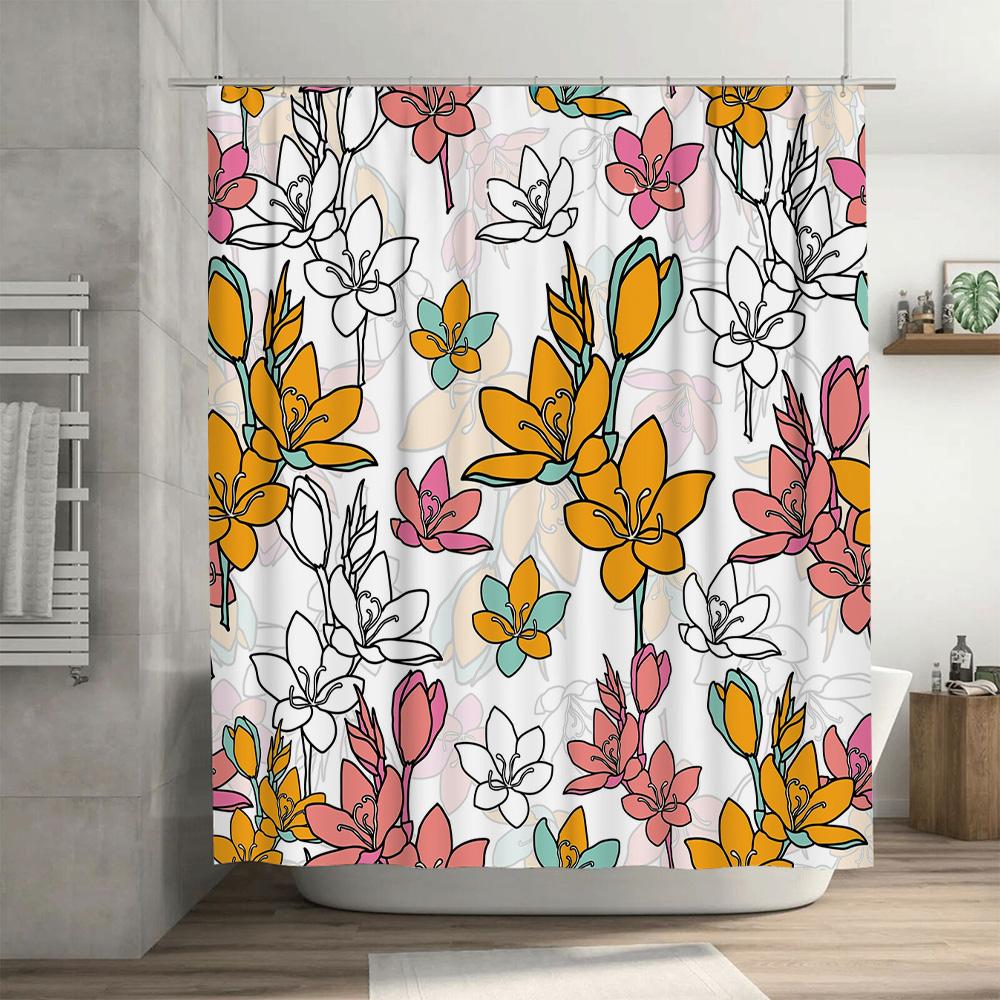 Decorative Flower Shower Curtain with Black Hooks Multicolor Pattern for Bathroom Decoration