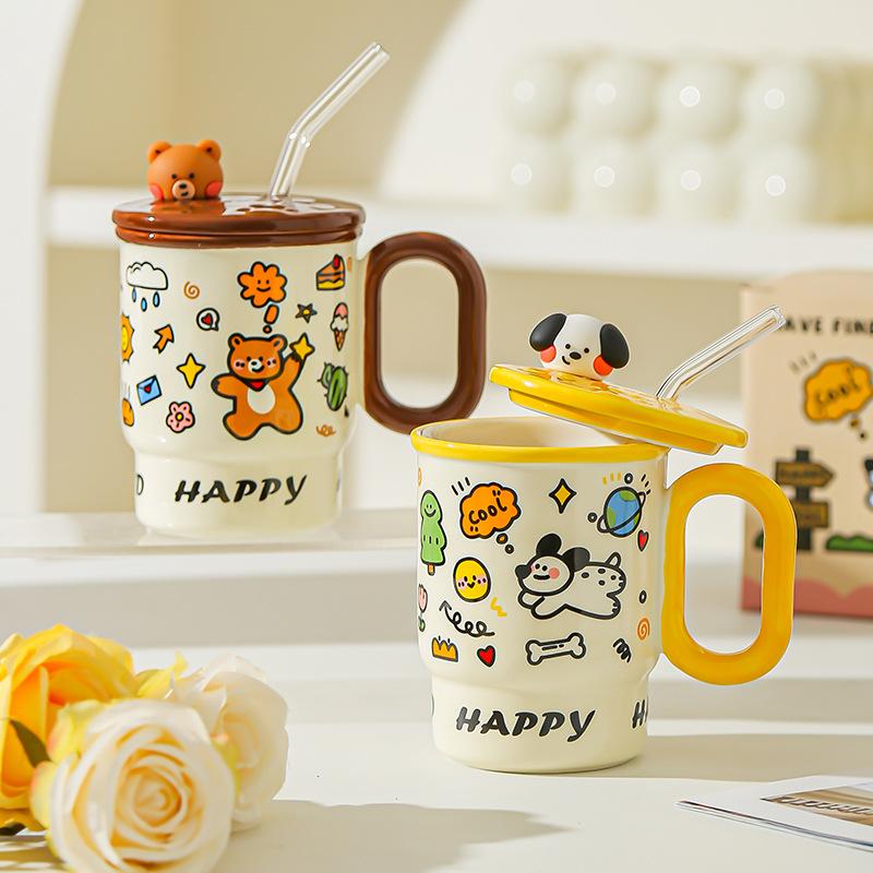Cute Mug Boy and Girl Birthday Gift High Value Water Cup Creative Straw Cup Couple Cup Student Desktop Water Cup