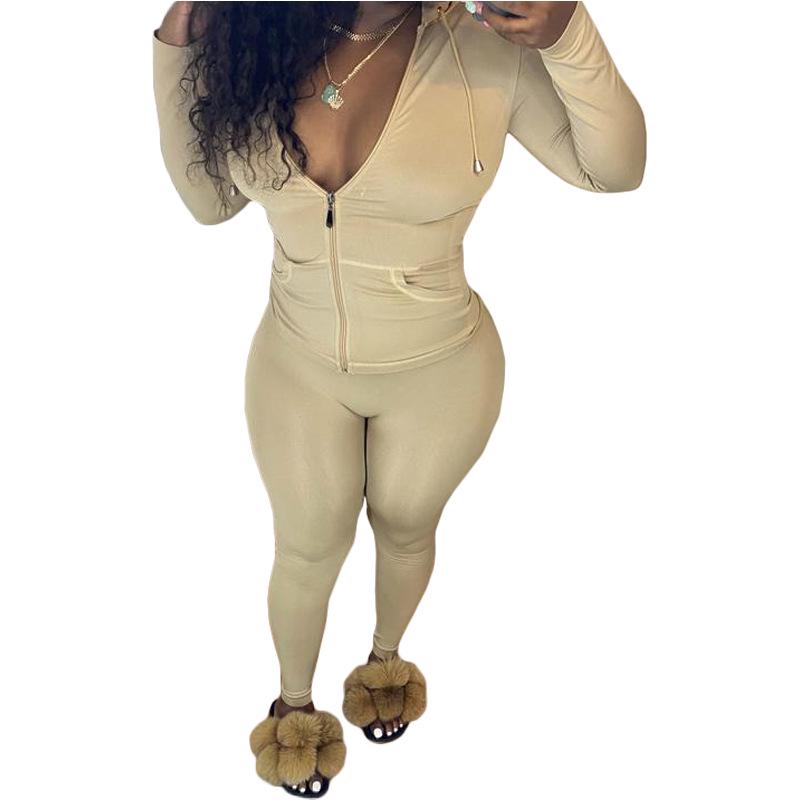 

Женский облегающий кардиган с капюшоном и спортивный повседневный костюм осень 2021 года — европейский и американский стиль L хаки