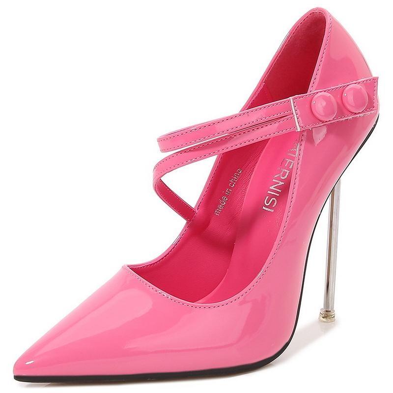 

Women Velcro Strap Metal High Heel Shoes Pointed Stiletto Pumps for Office Nightclub Party Pub Host Model Catwalk Cross Dressing 46 персиковий