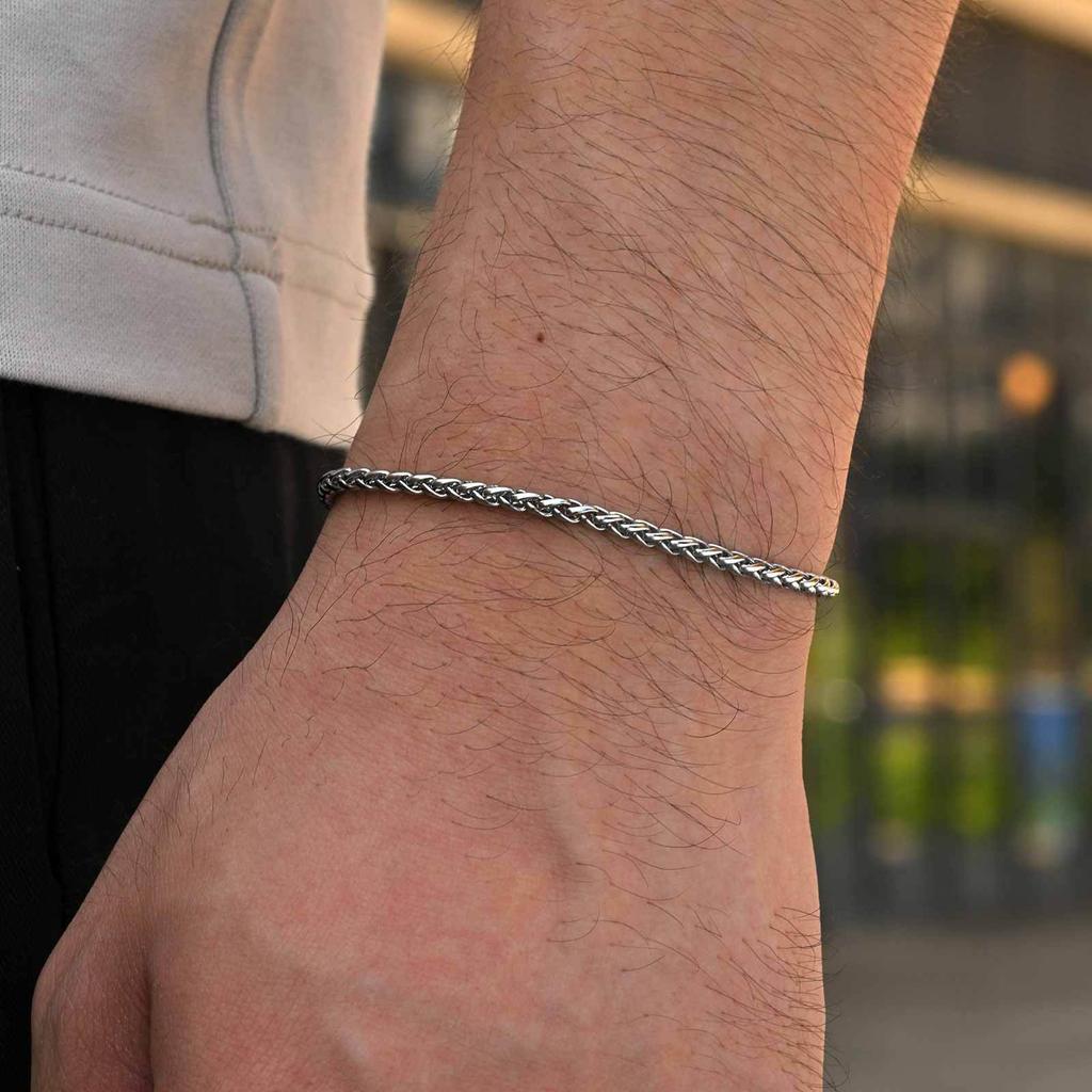 2pcs Stainless Steel Bracelet for Men,Silver Color Wheat Chain Figaro Chain Link Bracelets,Hip Hop Trend Jewelry Gift