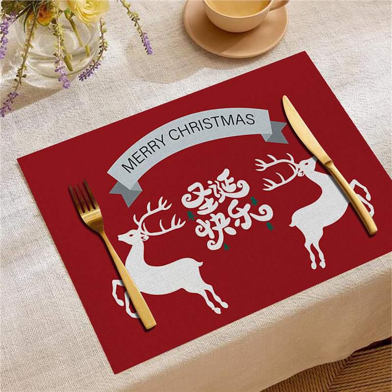 Nordic Christmas Santa Elk Linen Placemat Square, Festive Restaurant Table Decoration