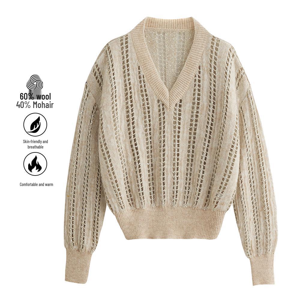 Autumn Winter V-neck Loose Mohair Wool Pullover Sweater for Women