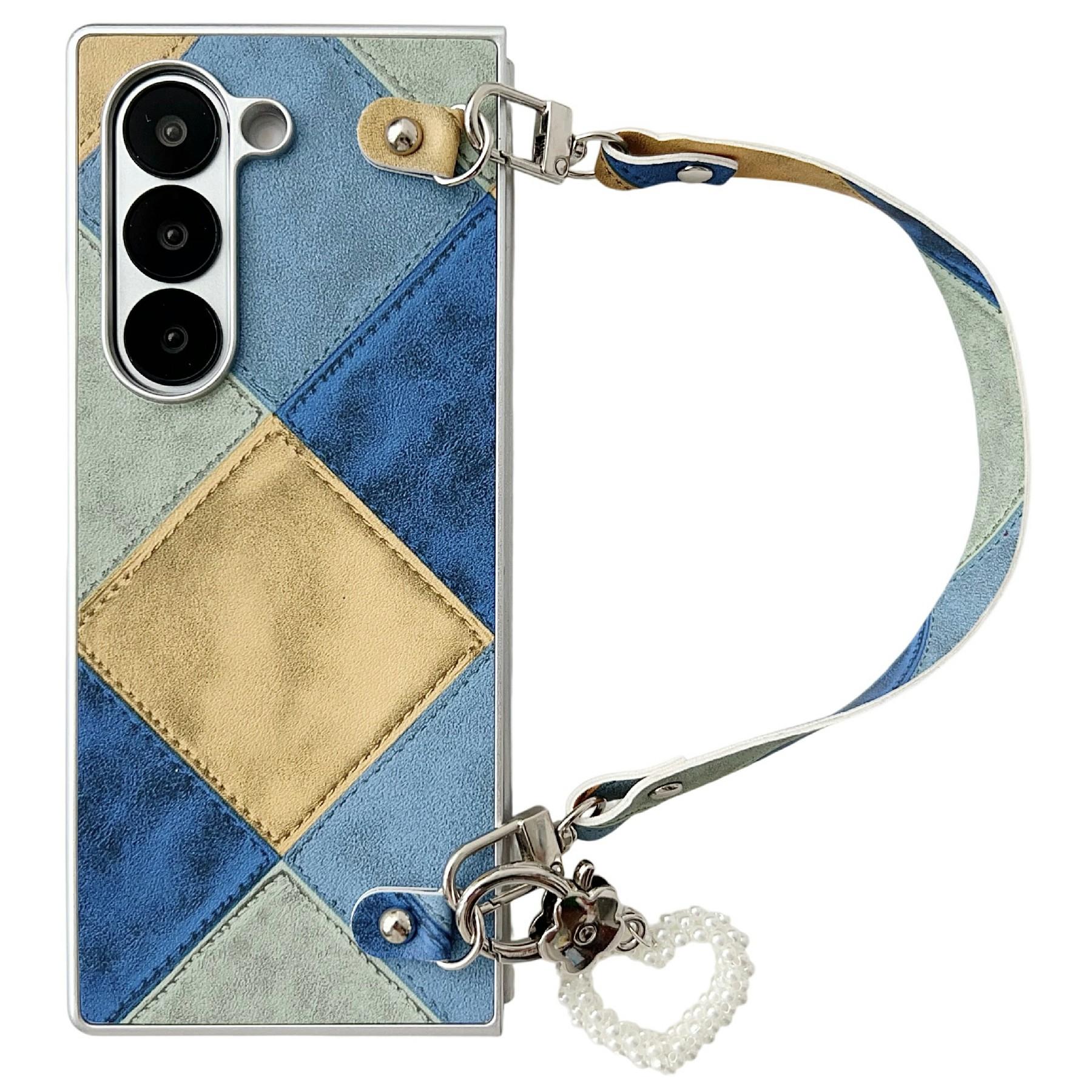 

Чехол для Samsung Galaxy Z Fold6 5G Ретро Ромбовидный PU+PC Чехол для телефона с Подвеской в виде сердца и Ремешком Blue/Yellow