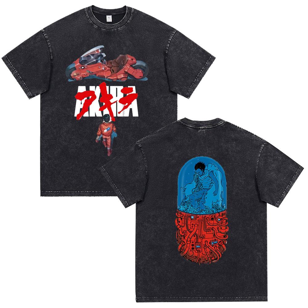 Anime Akira Vintage Washed T Shirt 90s Science Fiction Movie Shotaro Kaneda Short Sleeve T Shirts Cotton Casual Loose T-shirts