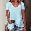 Summer New Casual Solid Color Jacquard Fabric Scallop Edge V-neck T-shirt Fashionable Comfortable Simple Versatile Women's T-shirt