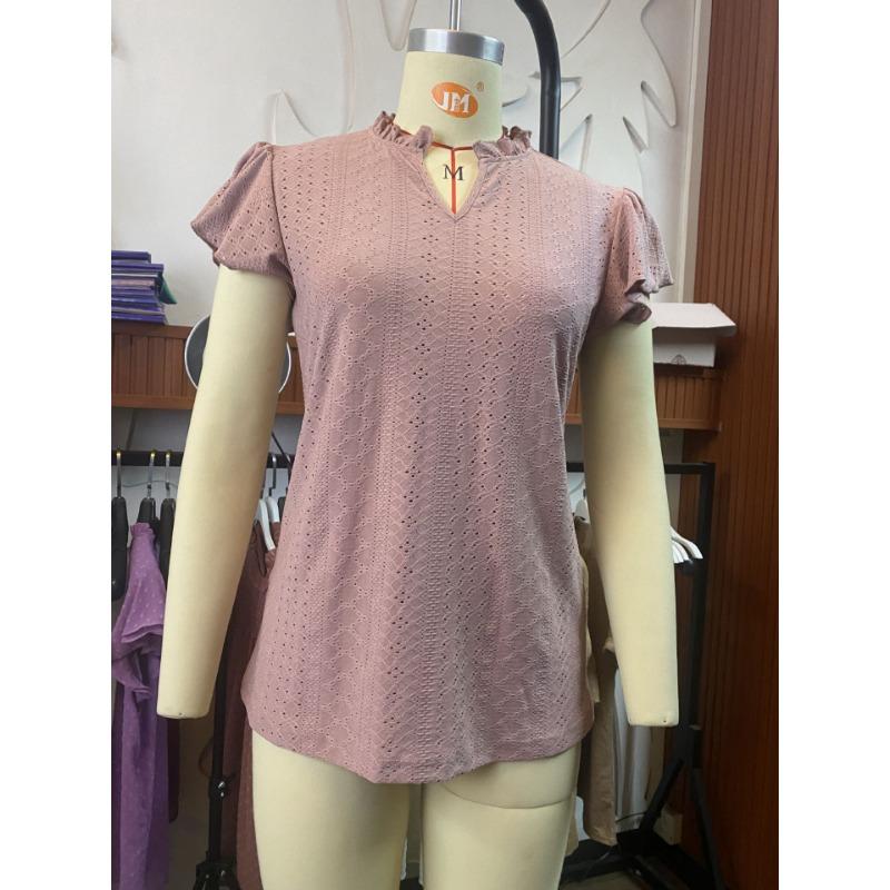 Camiseta de Verano para Mujer Cuello en V Manga Corta con Volantes Top Holgado de Manga Corta