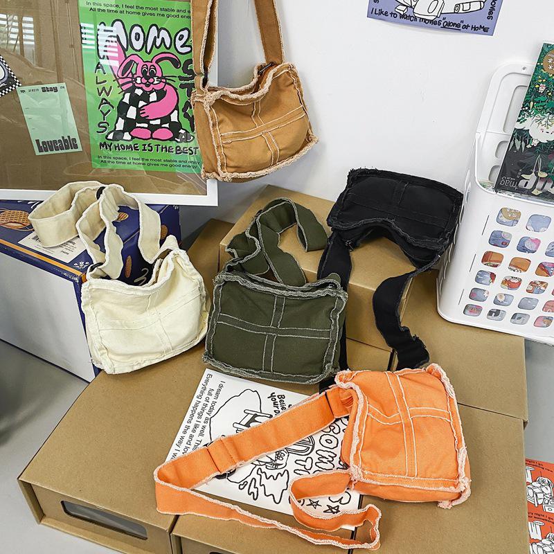2024 Japanese Ins Canvas Retro Women's Shoulder Bag with Frayed Edges