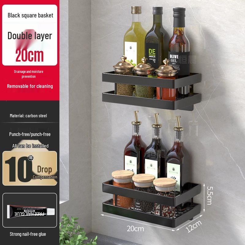 Wall-Mounted Multi-Tier Kitchen Storage Rack, No-Punch Design, for Seasoning and Refrigerator Side Organization
